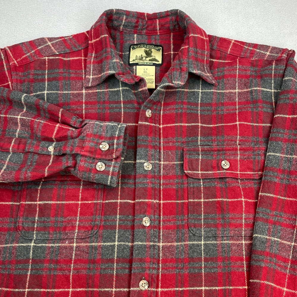 "Field & Stream Mens Heavy Plaid Flannel Shirt Red Gray Cotton Large Tall